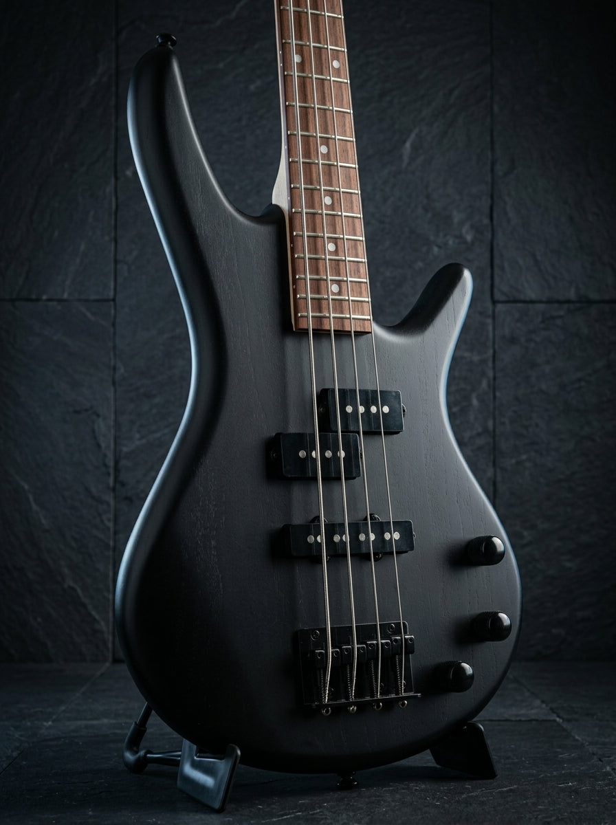 Weathered Black Ibanez 4 string bass guitar